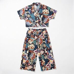 Milk & Honey Paisley Floral 2 Piece Set Crop Top Wide Leg Pants Multicolor Large